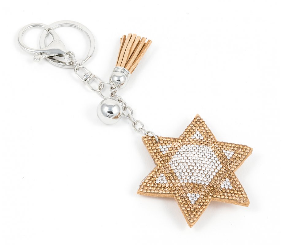 Padded Felt Star of David Key Chain, Glitter Gold & Silver Stones with Tassel