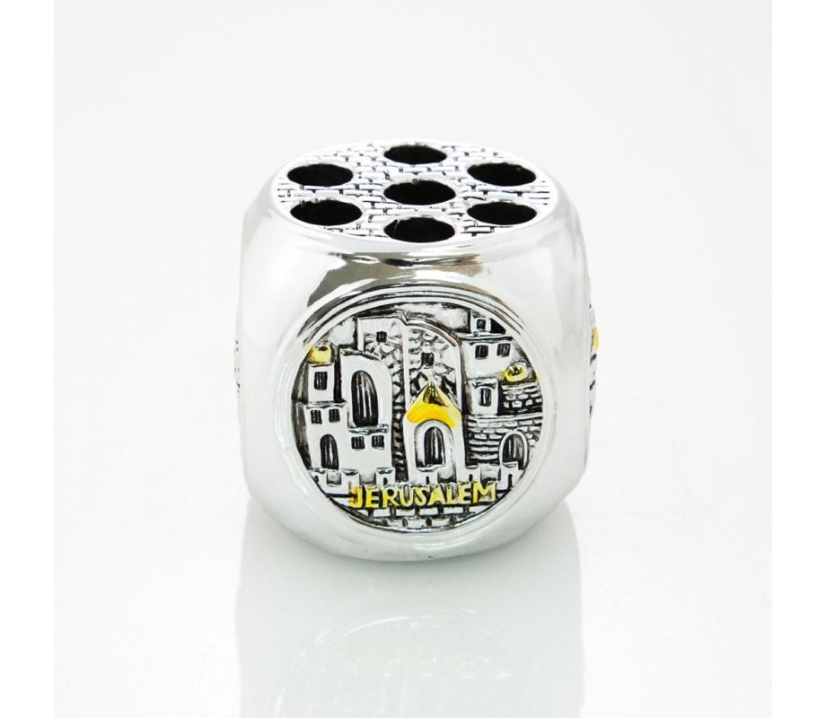 Pen Holder, Silver Plated with Gold Accents - Jerusalem Design