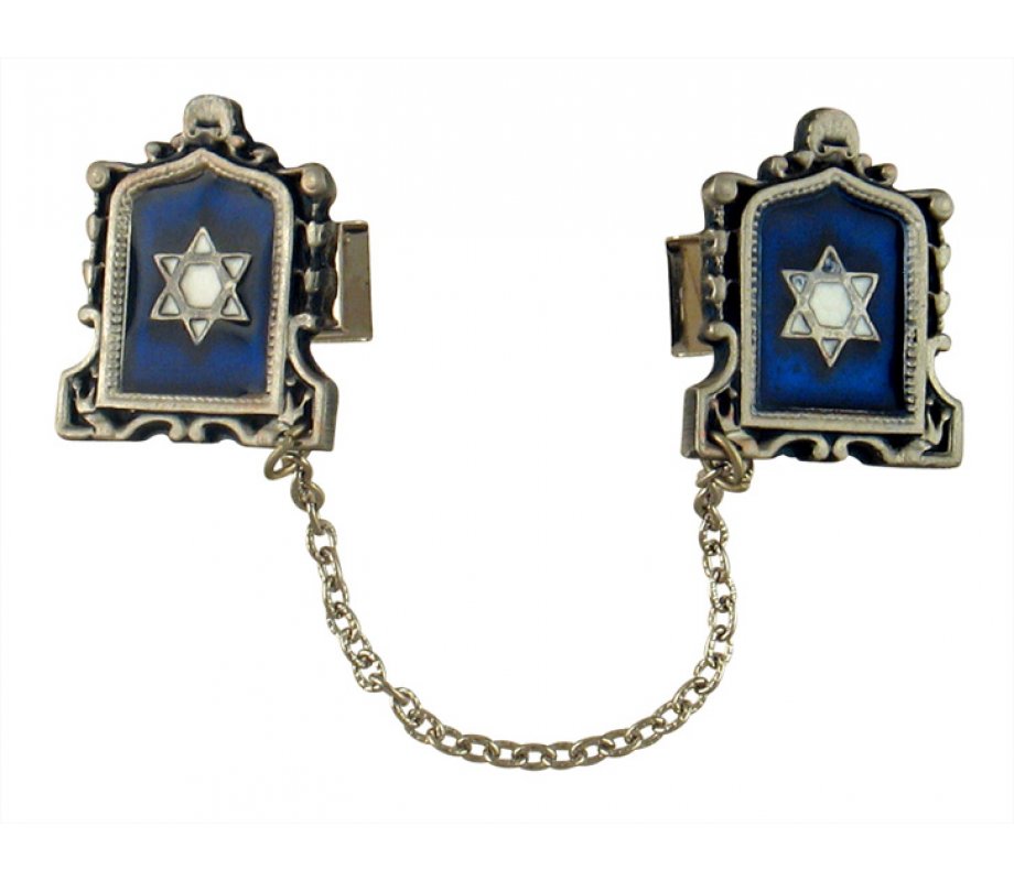 Pewter Tallit Prayer Shawl Clips – Star of David on Blue Enamel in Tablet Frame