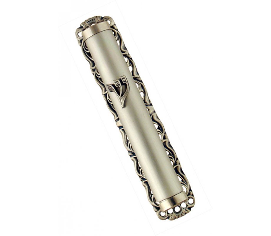Pewter-Plated Smooth Mezuzah Case in Ornate Frame - Silver