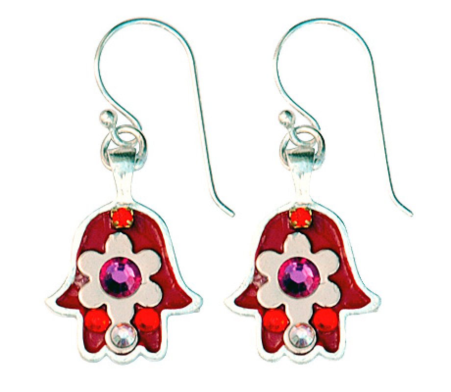 Pink and Red Flower Hamsa Earrings by Ester Shahaf