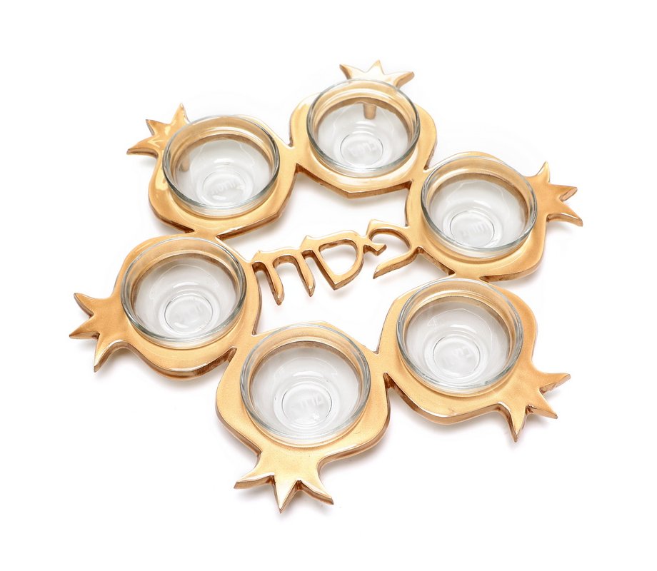 Pomegranate Shaped Seder Plate with Six Glass Bowls – Gold