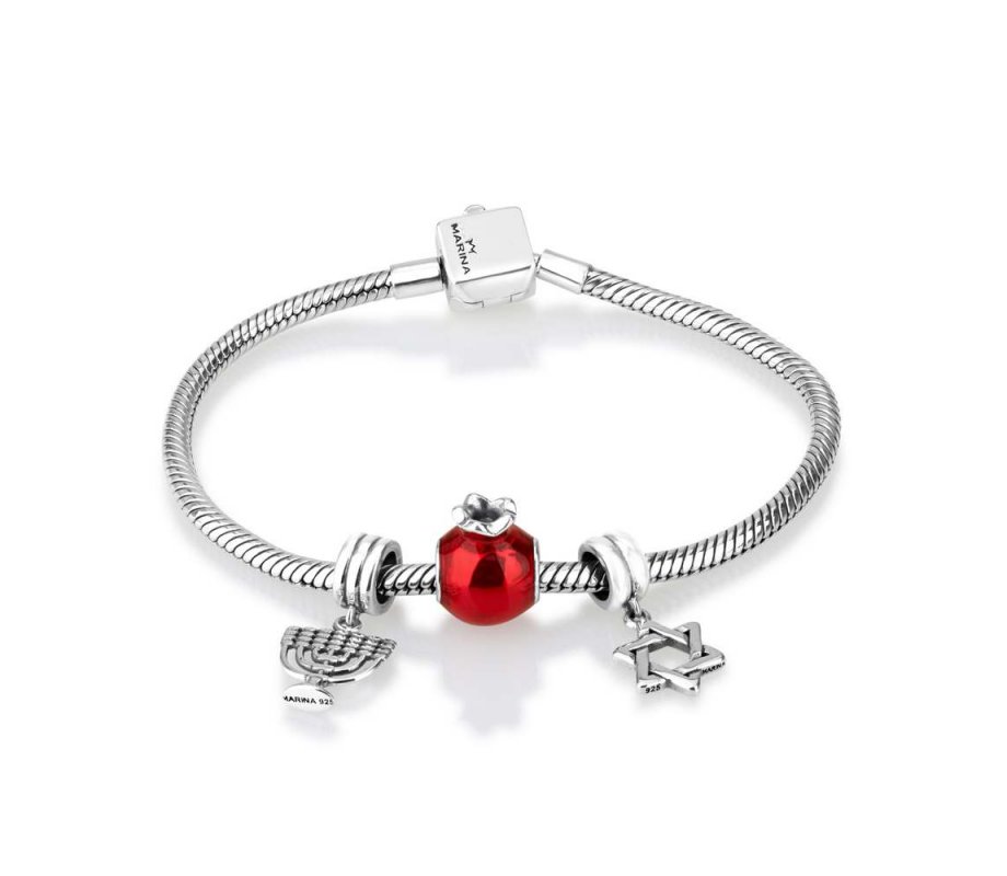 Pomegranate, Star of David and Menorah Charm Bracelet