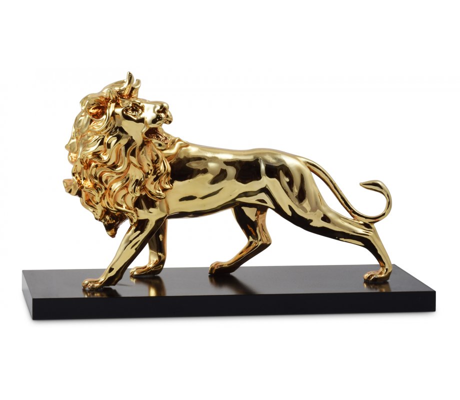 Powerful Lion of Judah Figurine on Wood Base - Gold with Dark Gold Accents