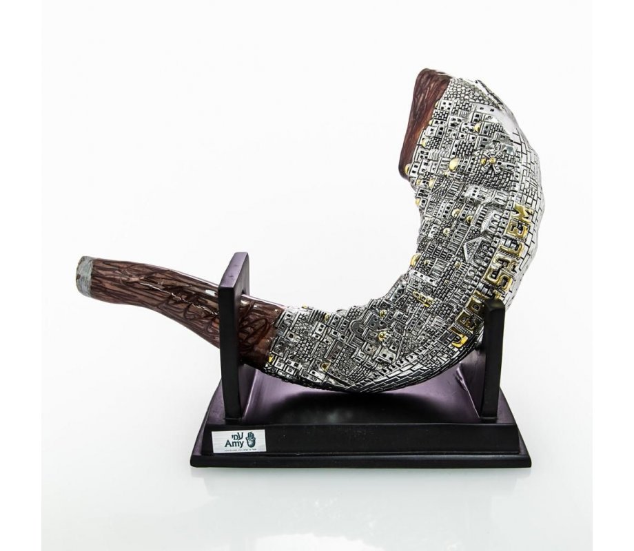 Rams Horn Replica on Stand - Silver Plated with Gold Tints and Jerusalem Images