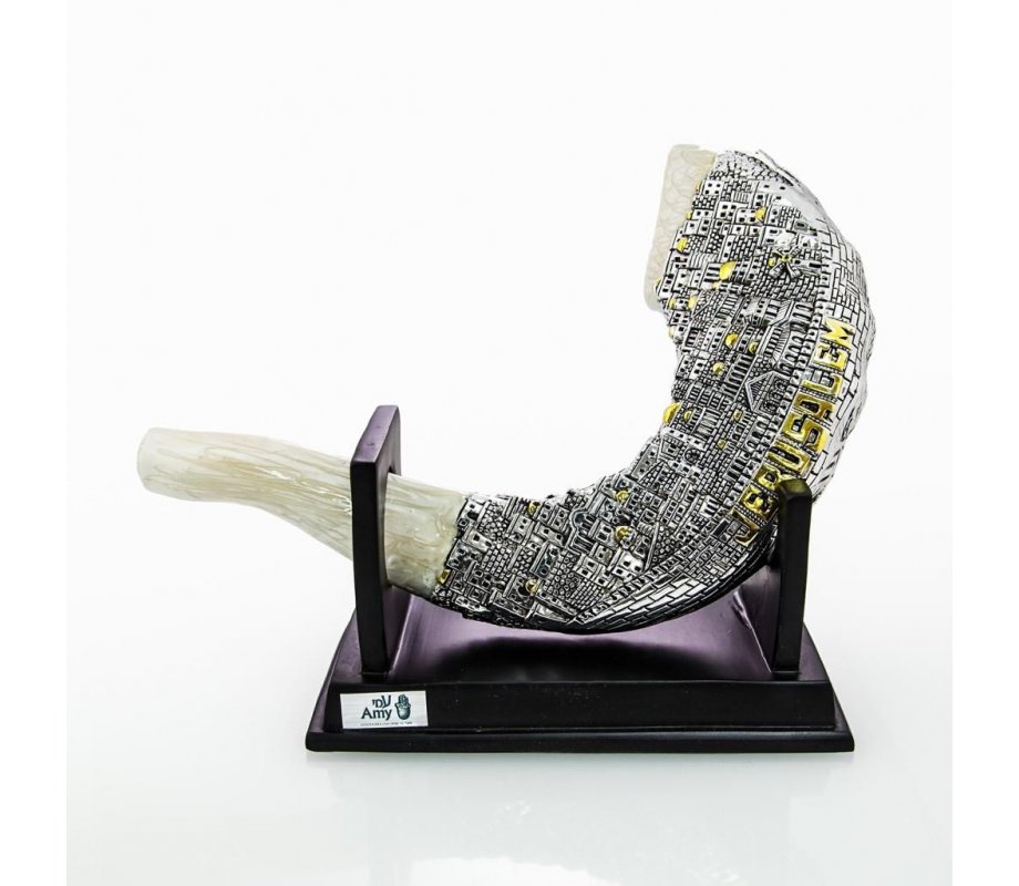 Rams Horn Replica on Stand - Silver Plated with Gold Tints and Jerusalem Images
