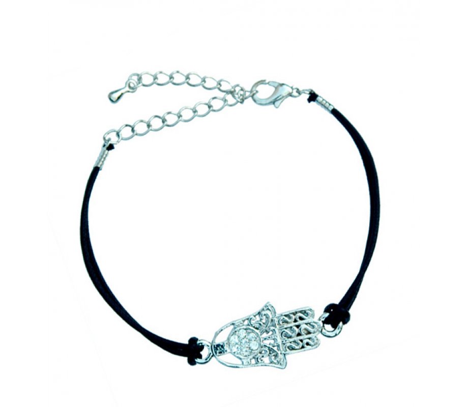 Rhodium Hamsa Bracelet on Leather Cord