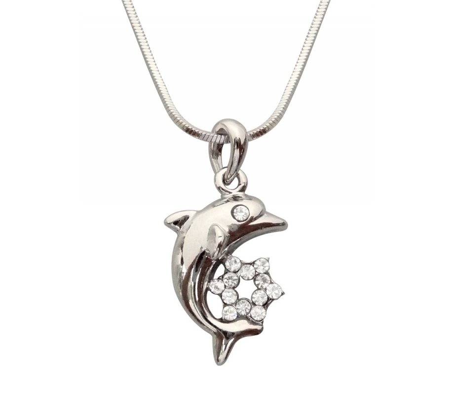Rhodium Pendant Necklace - Dolphin with Gleaming Colored Star of David