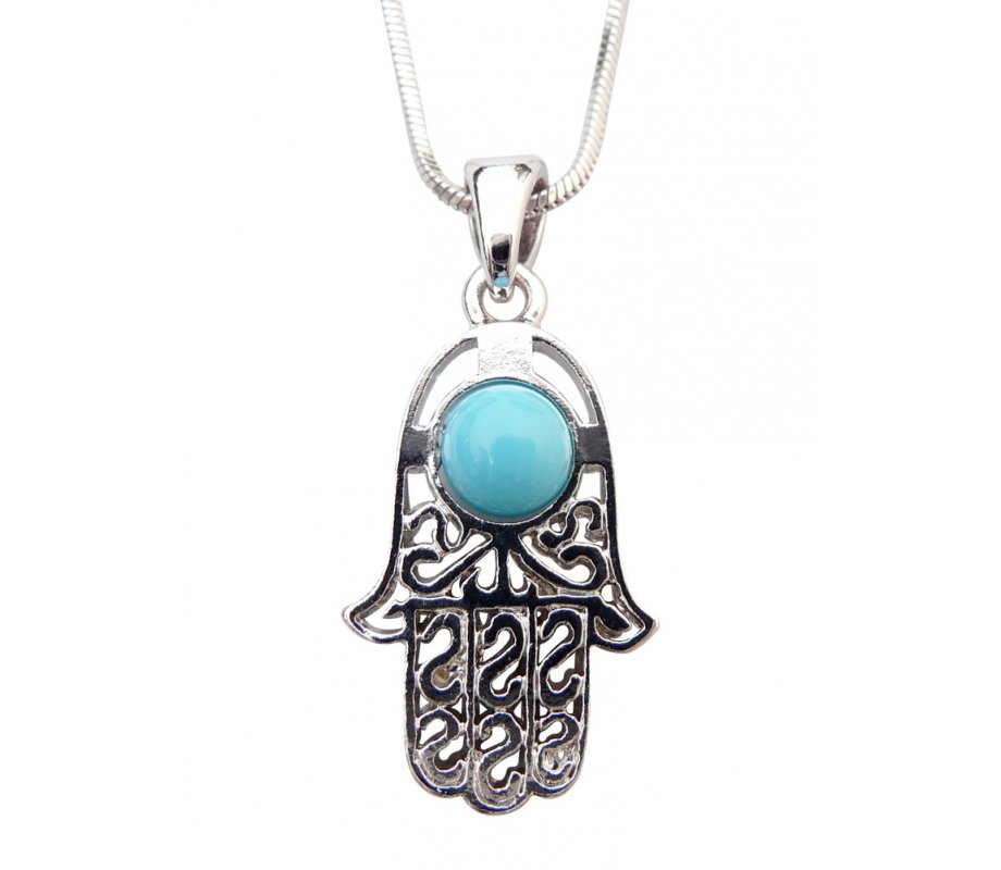 Rhodium Pendant Necklace - Hamsa with Blue Stone