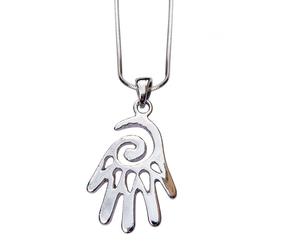 Rhodium Pendant Necklace, Open Hand Hamsa - Silver