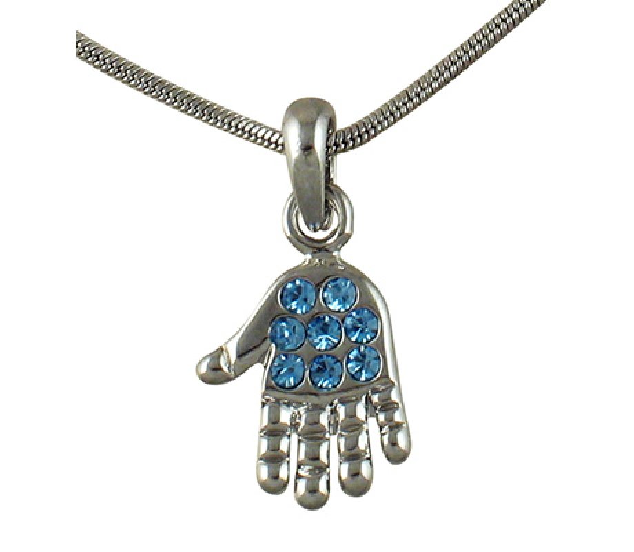 Rhodium Pendant Necklace, Open Palm Hamsa with Blue Stones