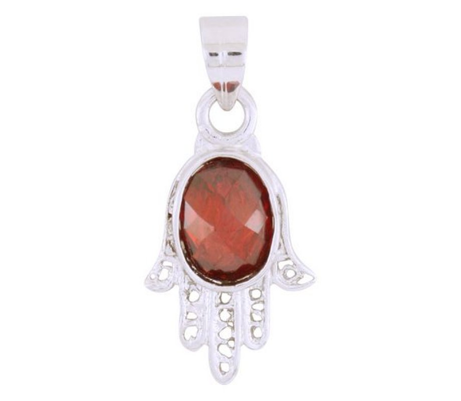 Rhodium Plated Hamsa Hand Pendant with Red Garnet Stone in Palm