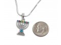 Rhodium Plated Pendant Necklace 7 Branch Menorah - Colored Stones