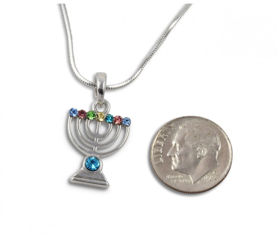 Rhodium Plated Pendant Necklace 7 Branch Menorah - Colored Stones