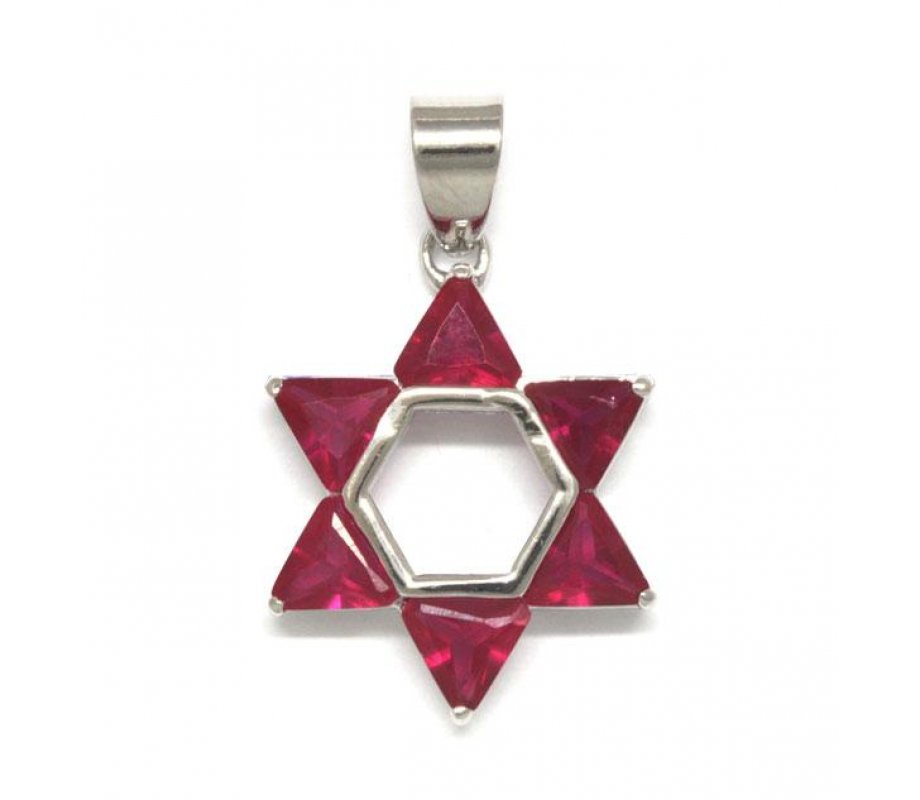 Rhodium Red Stone Pendant - Star of David