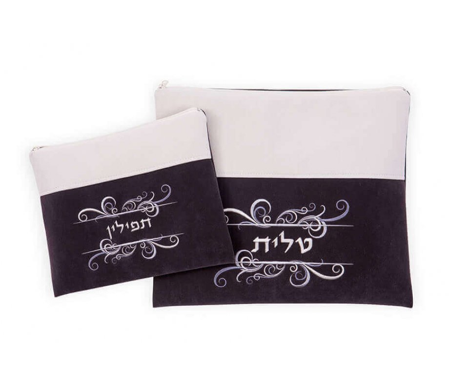 Ronit Gur Impala Tallit Bag Set, Decorative Swirls - Off White and Gray