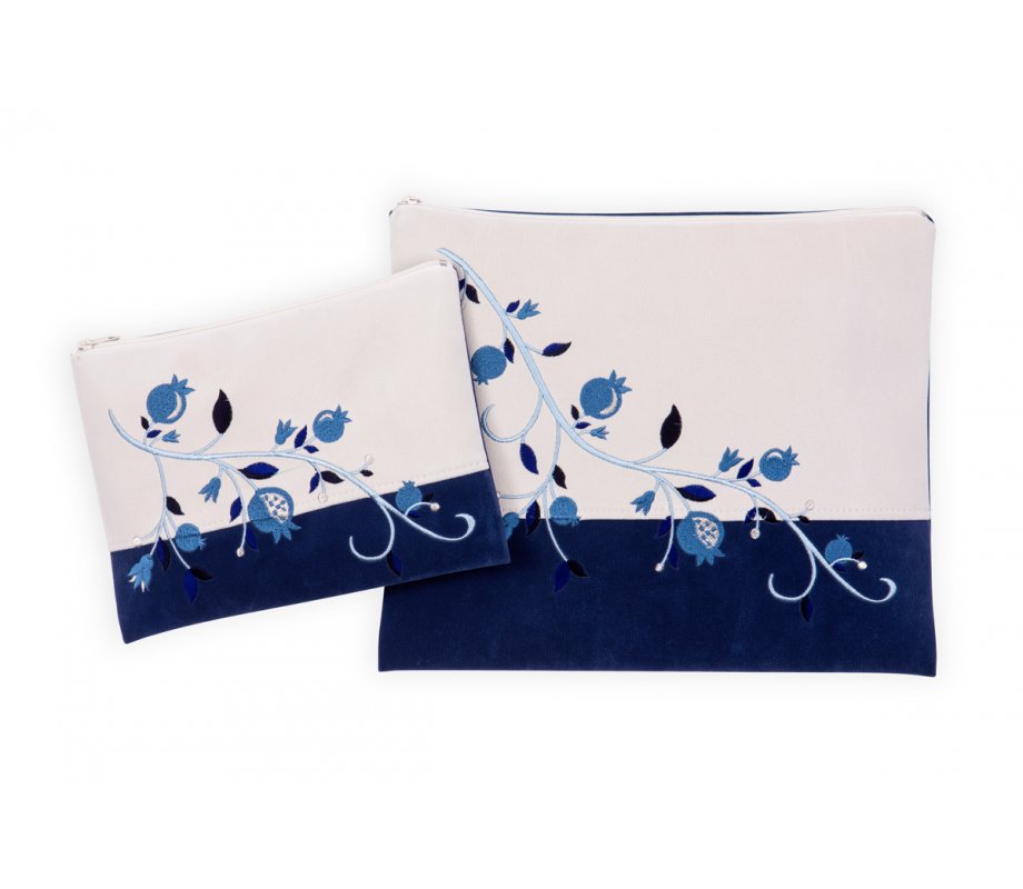 Ronit Gur Impala Tallit Bags Set, Off-White and Blue - Blue Pomegranates