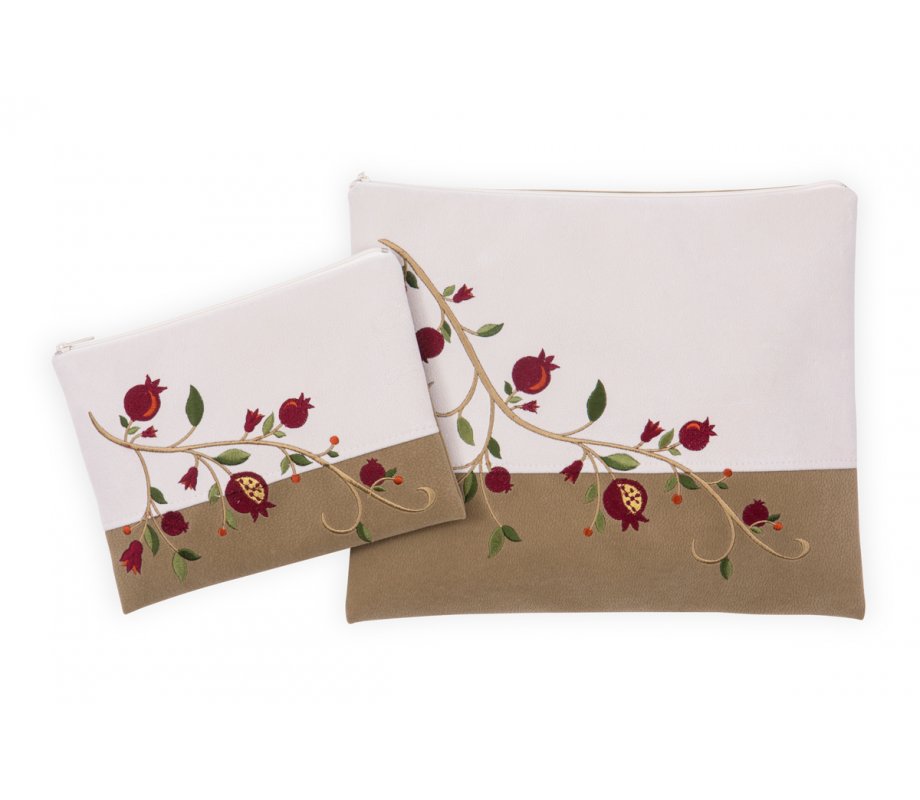 Ronit Gur Impala Tallit Bags Set, Off-White and Green - Pomegranate Embroidery