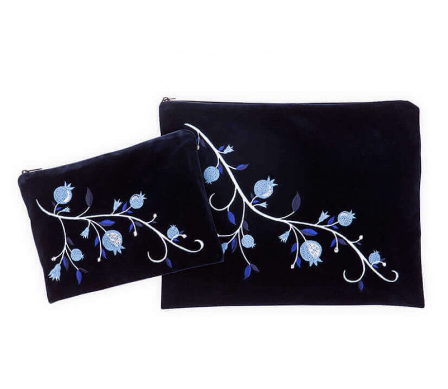 Ronit Gur Navy Velvet Tallit Bag Set, Embroidered Pomegranates - Blue