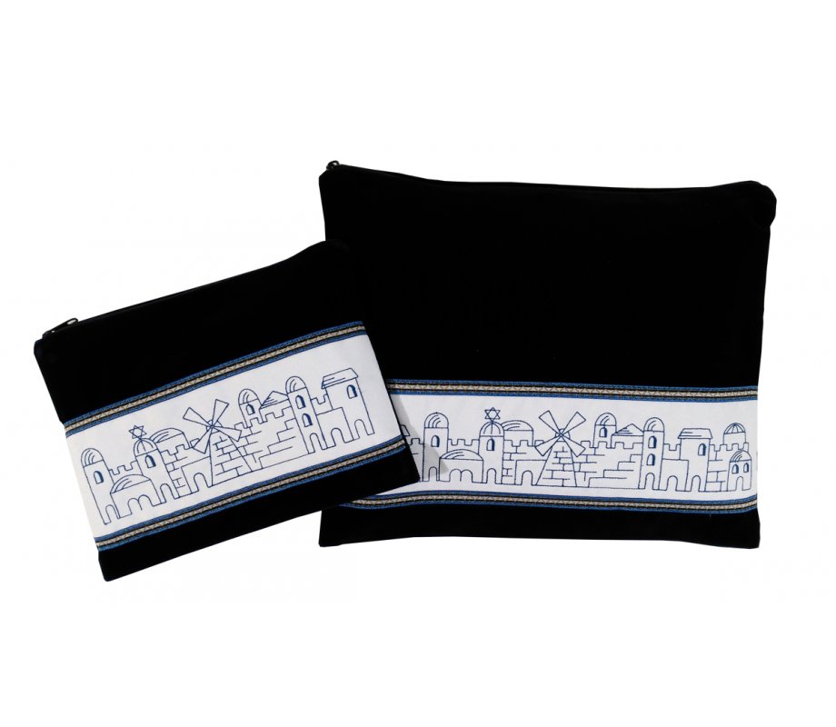 Ronit Gur Navy Velvet Tallit and Tefillin Bag Set, Embroidered Jerusalem - Blue