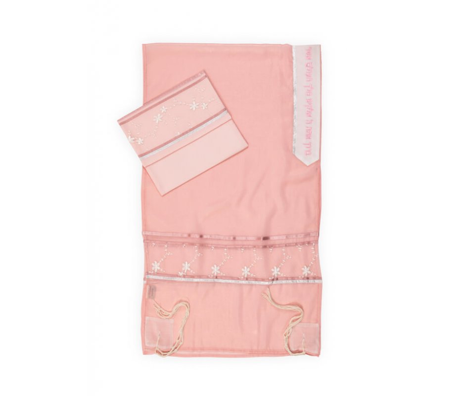Ronit Gur Organza Tallit Prayer Shawl Set With Decorative Floral Panel - Pink