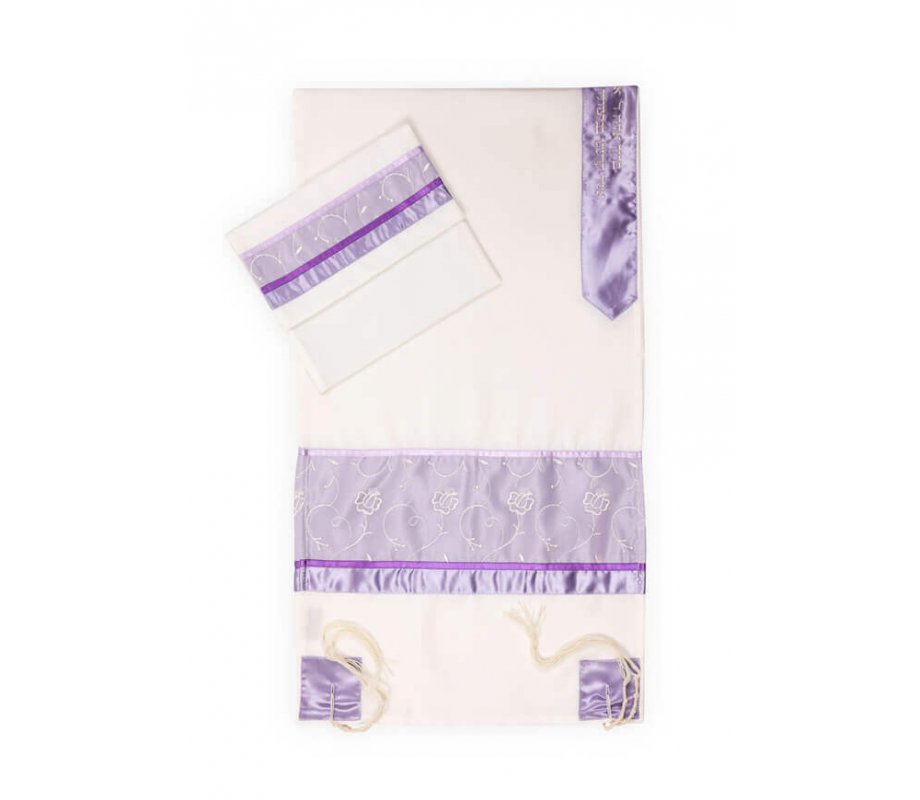 Ronit Gur Purple Insert Flower Design Tallit Prayer Shawl Set With Bag and Kippah