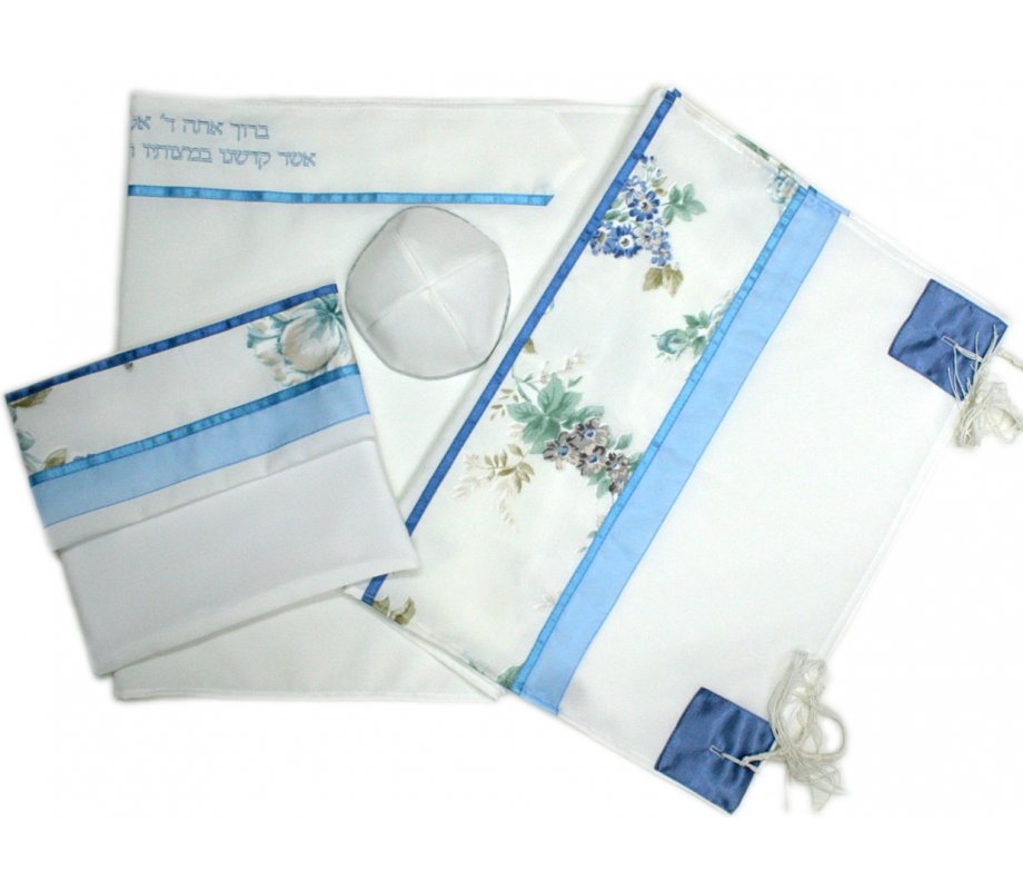 Ronit Gur Tallit Set, Off White with Blue and Green Floral Design - Viscose