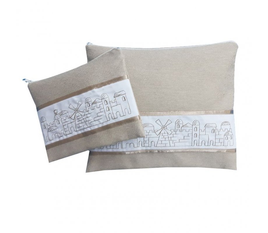 Ronit Gur Tallit and Tefillin Bag Set, Embroidered Jerusalem Design - Beige