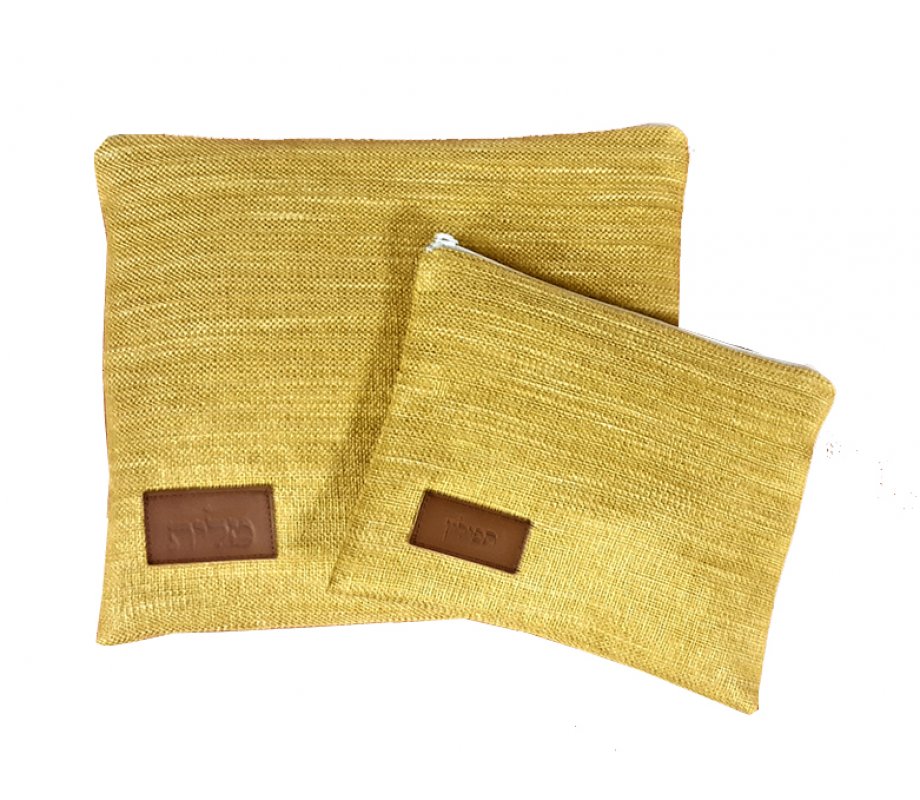 Ronit Gur Woven Fabric Tallit and Tefillin Bag, Leather Tag – Golden Yellow