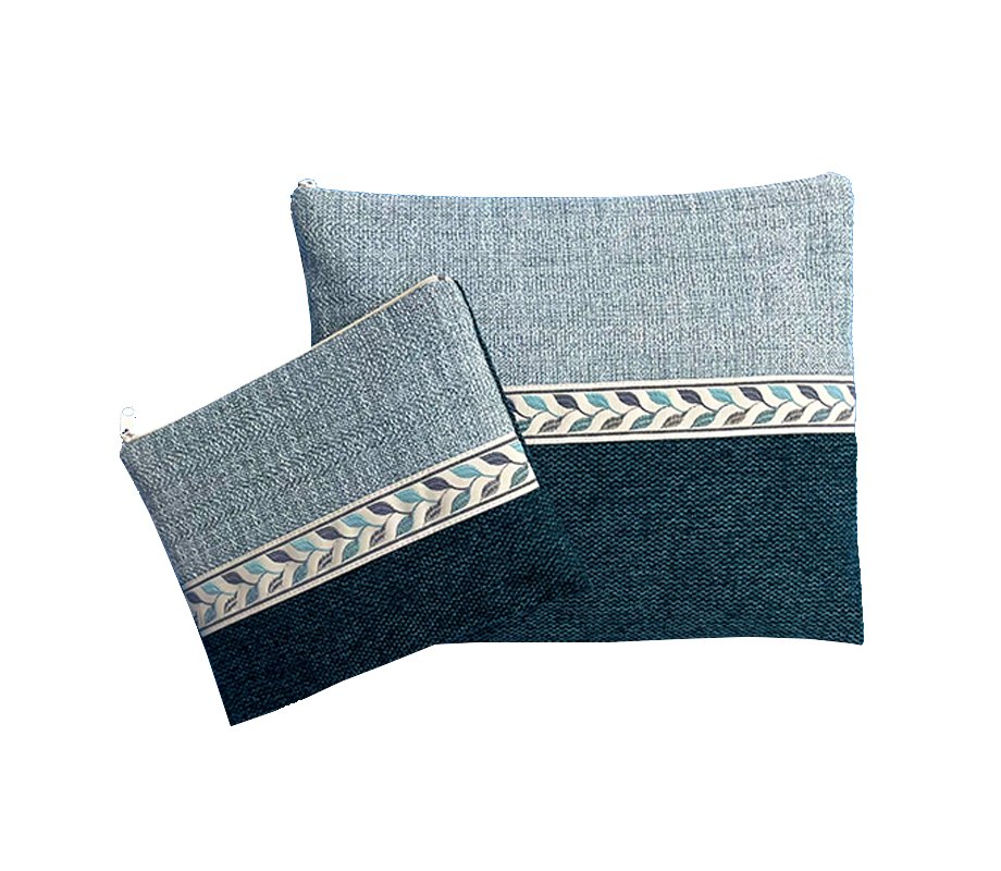 Ronit Gur Woven Fabric Tallit and Tefillin Bag, Two-Tone Blue with Leaf Design