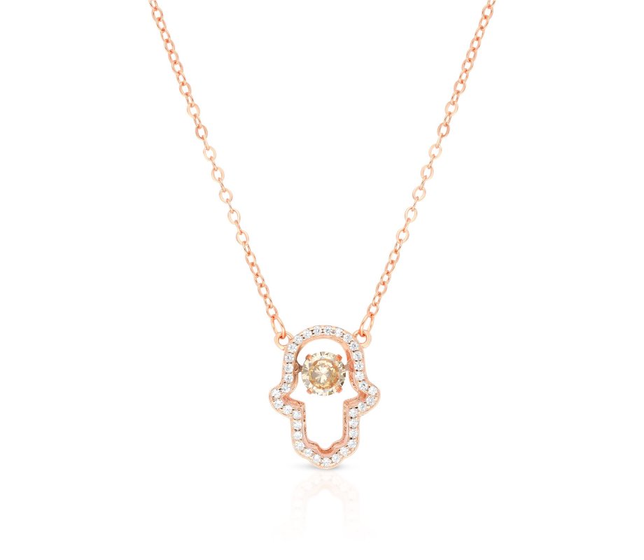 Rose Gold Plated Sterling Silver Necklace with Hamsa Pendant, Zircon Decorated