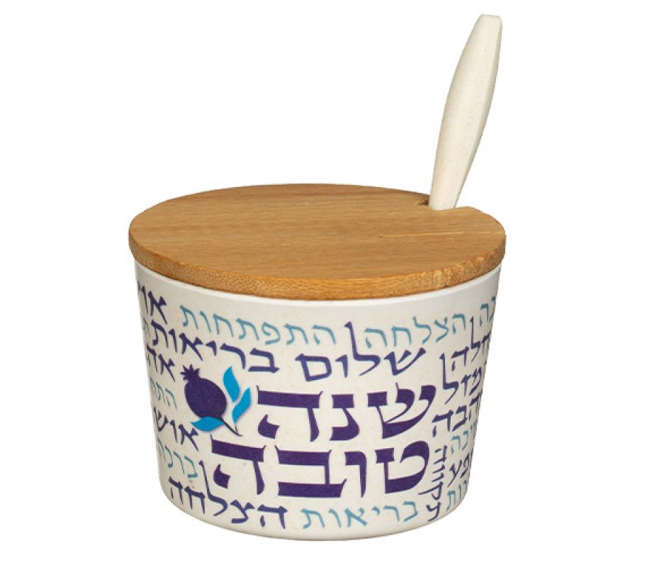 Rosh Hashanah Bamboo Honey Dish with Lid and Spoon, Blessing Words - Blue