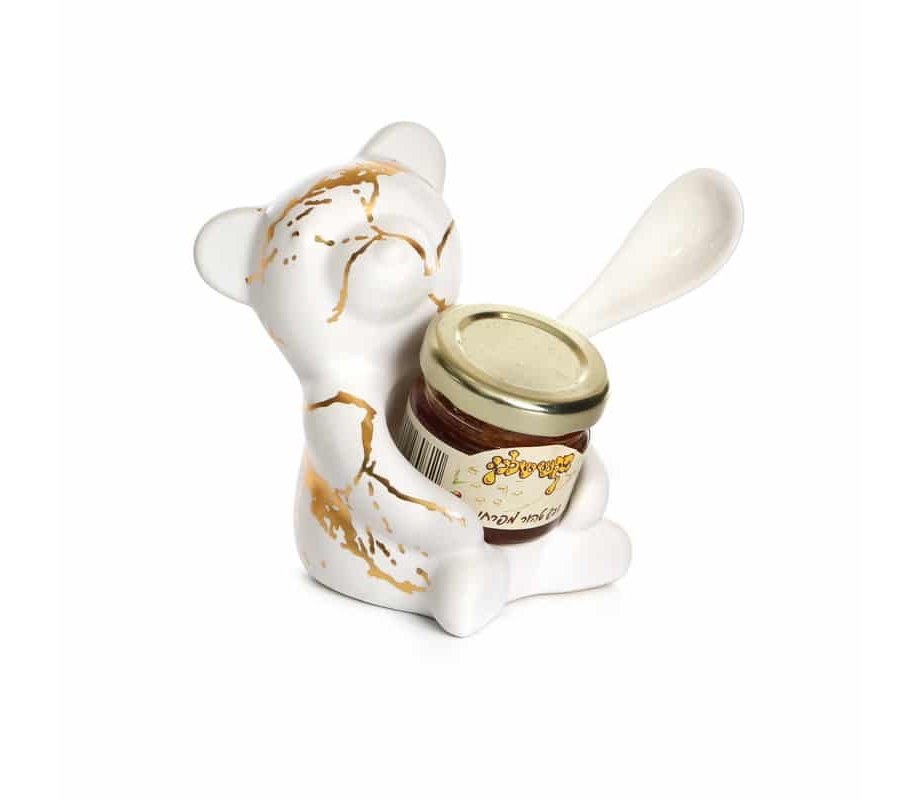 Rosh Hashanah Ceramic Honey Dish, Bear with Honey and Spoon - White and Gold