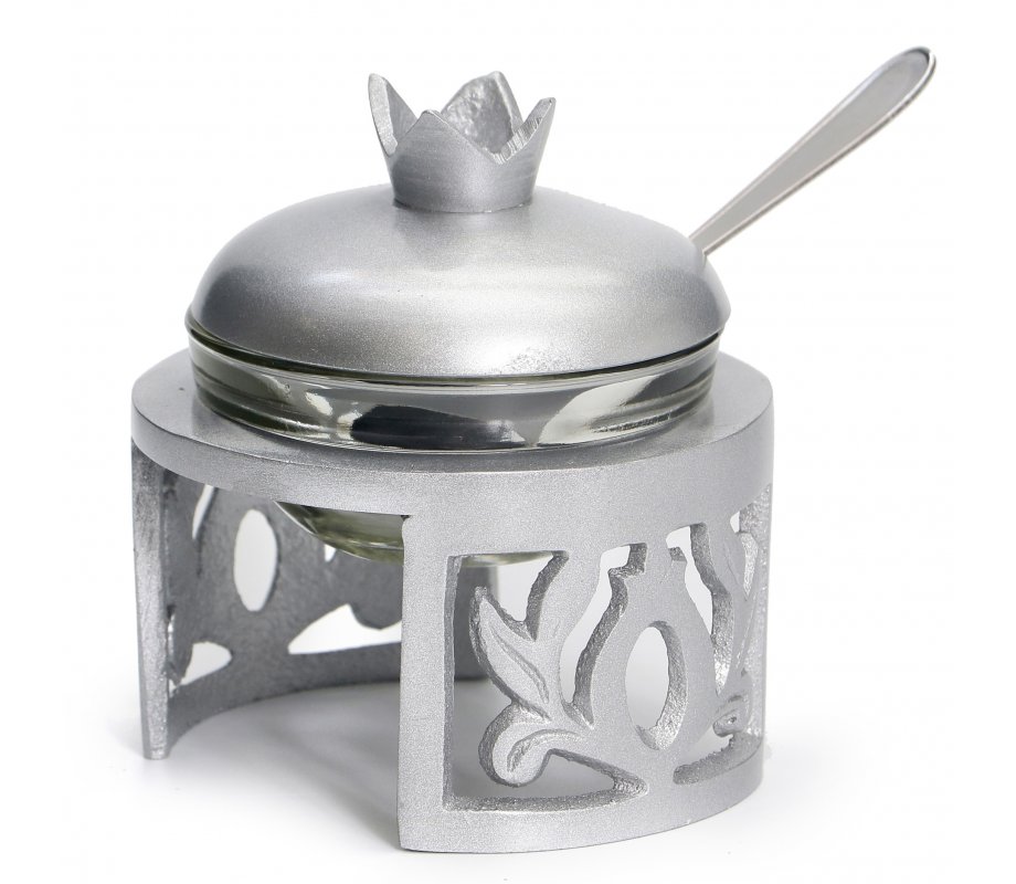 Rosh Hashanah Glass Honey Dish in Metal Frame with Cover and Spoon - Silver