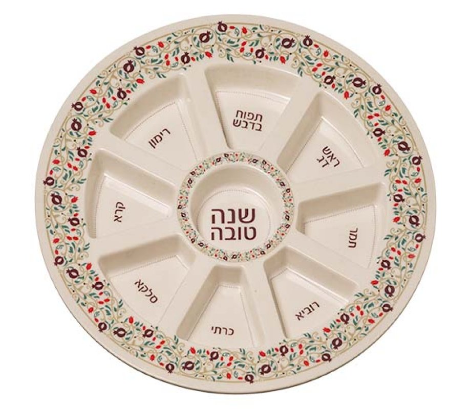 Rosh Hashanah Seder Plate, Bamboo Fiber - Pomegranate Colorful Design
