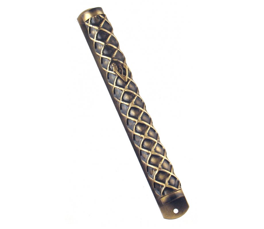 Round Pewter Mezuzah Case with gold criss-cross Design