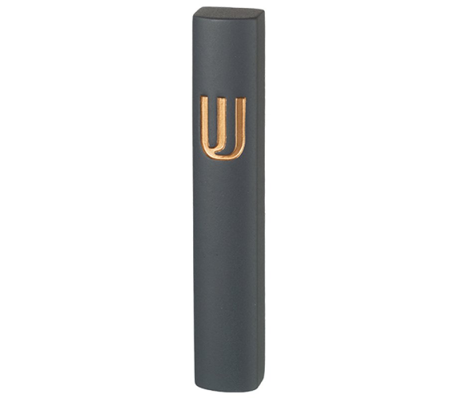 Rounded Dark Gray Polyresin Mezuzah Case – Gold Shin