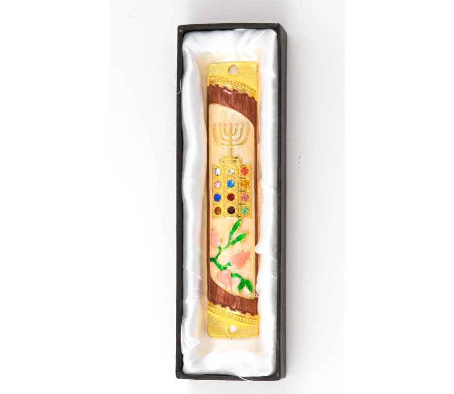 Rounded Mezuzah Case with Breastplate and Menorah Design - Off White & Burgundy