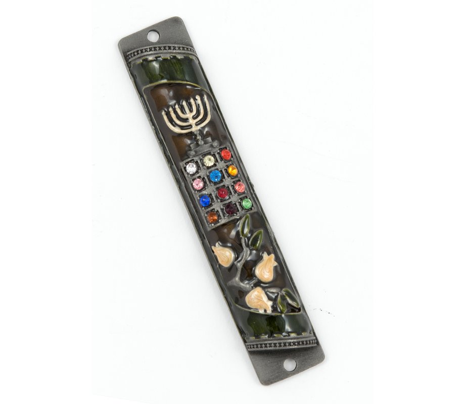 Rounded Mezuzah Case with Colorful Hoshen Breastplate and Menorah - Brown