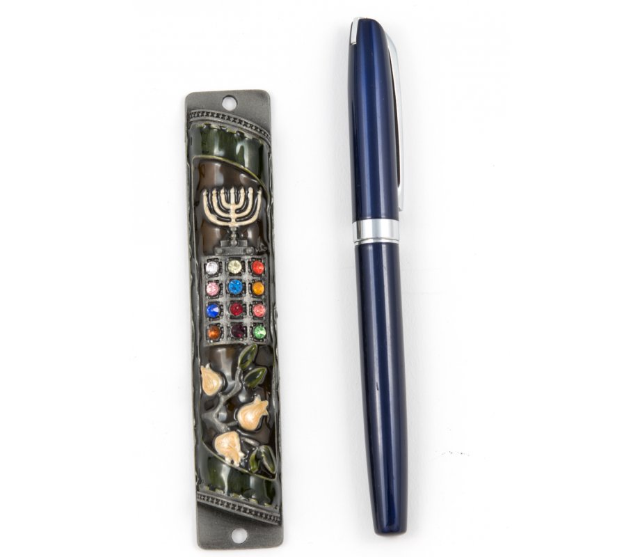Rounded Mezuzah Case with Colorful Hoshen Breastplate and Menorah - Brown