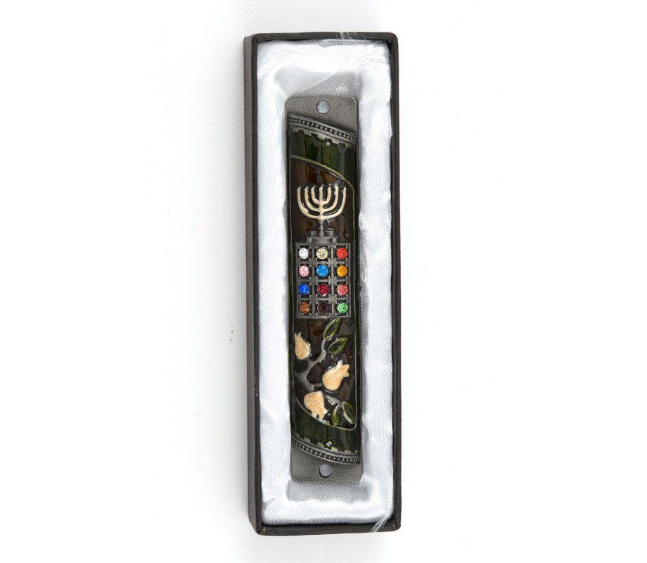 Rounded Mezuzah Case with Colorful Hoshen Breastplate and Menorah - Brown