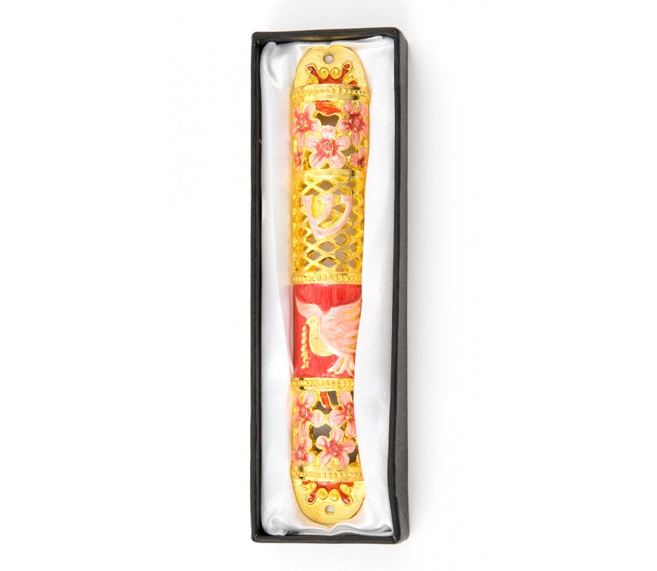 Rounded Mezuzah Case with Dove of Peace and Flowers - Pink, Red and Gold