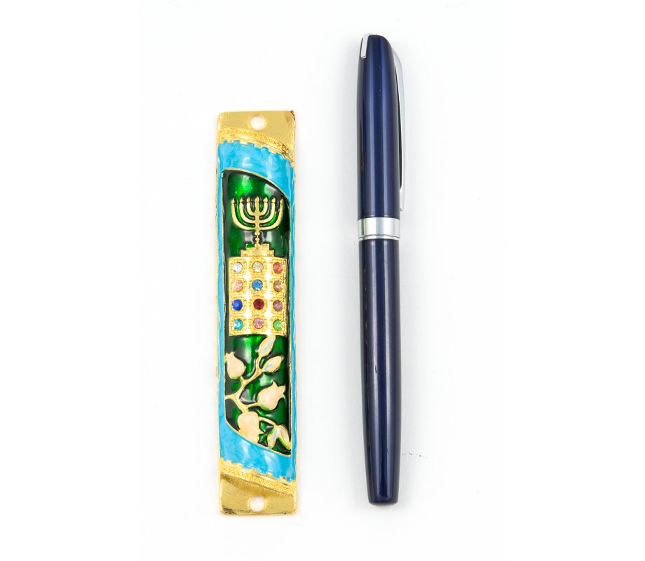 Rounded Mezuzah Case with Gleaming Breastplate and Menorah - Teal and Gold