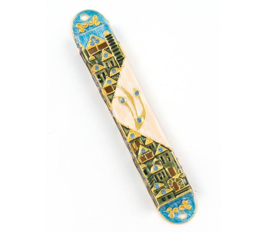 Rounded Mezuzah Case with Gleaming Jerusalem Images - Green, Blue and Cream