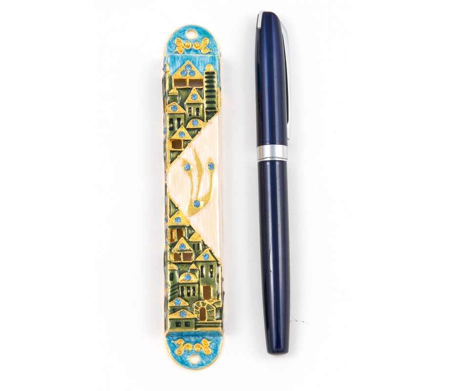 Rounded Mezuzah Case with Gleaming Jerusalem Images - Green, Blue and Cream
