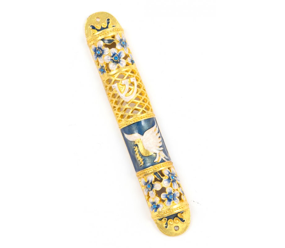 Rounded Mezuzah Case with Gleaming Peace Dove and Flowers - Gold and Turquoise