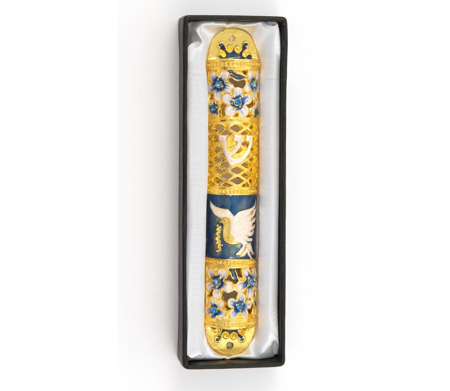 Rounded Mezuzah Case with Gleaming Peace Dove and Flowers - Gold and Turquoise