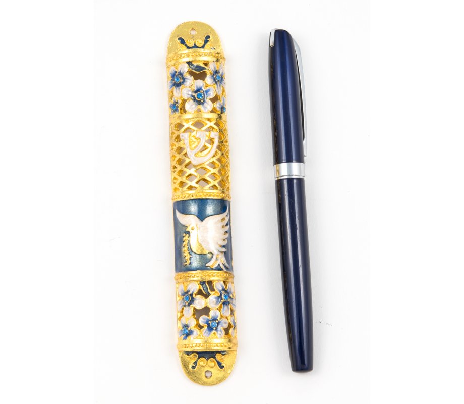 Rounded Mezuzah Case with Gleaming Peace Dove and Flowers - Gold and Turquoise