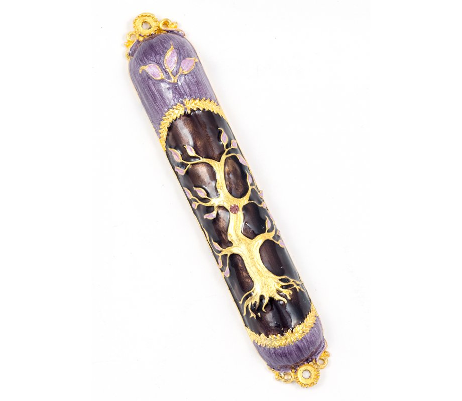 Rounded Mezuzah Case with Gleaming Tree of Life - Purple and Gold