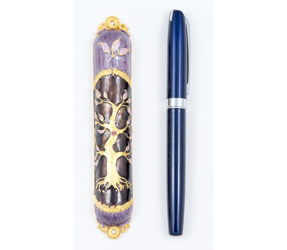 Rounded Mezuzah Case with Gleaming Tree of Life - Purple and Gold